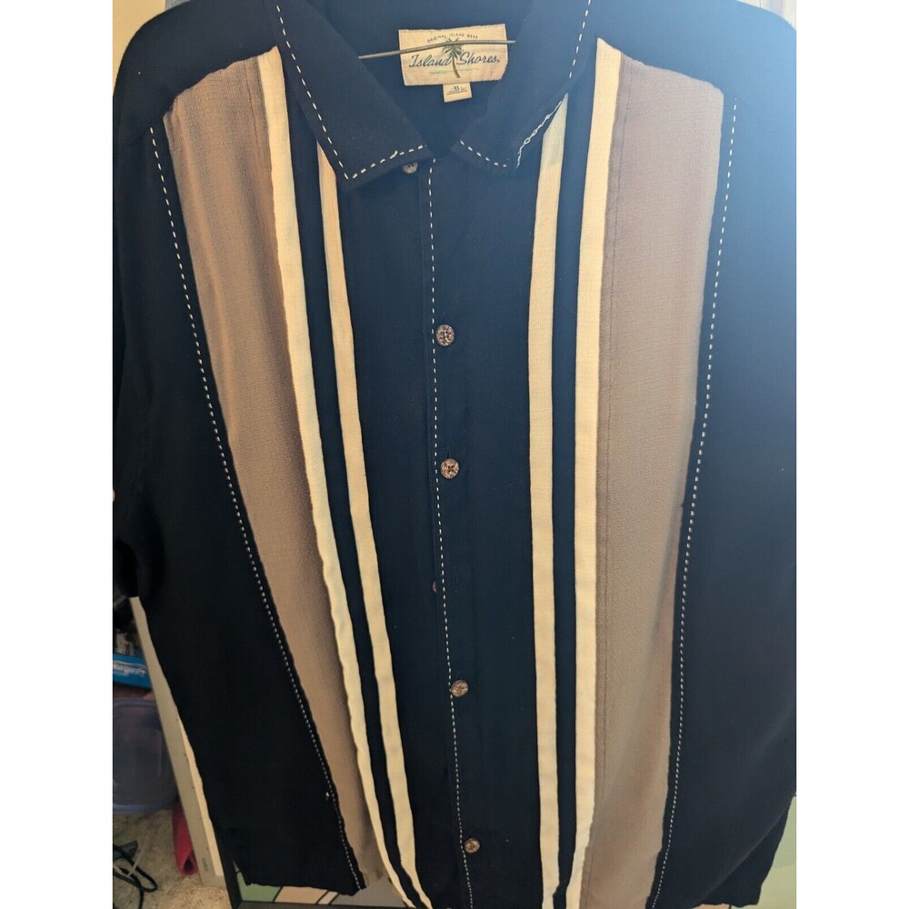 Island Shores Bowling Shirt Mens XL Black/White/Beige Bowling Shirt